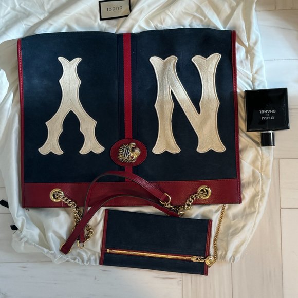 GUCCI Women's Blue Rajah Ny Yankees Large Suede & Leather Tote - Picture 15 of 15